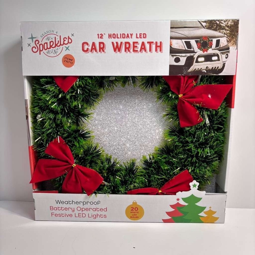 Car‎ Wreath 12" Holiday, 20 LED Lights, Christmas Festive, Weatherproof, Battery